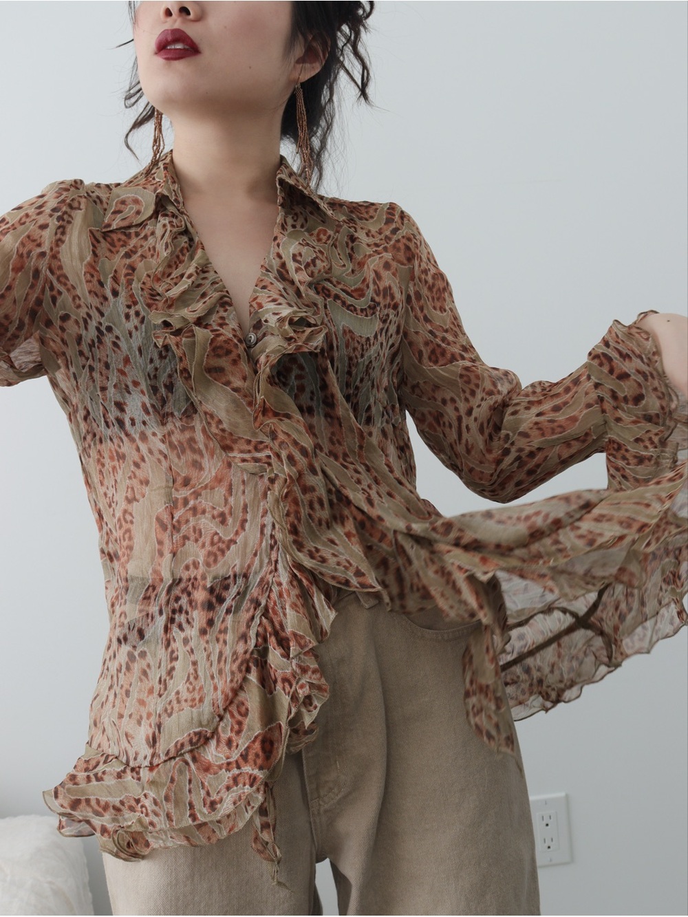 Puli Sheer Ruffle Blouse in Beige and Rust Animal Print